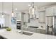 This modern kitchen has stainless steel appliances, pendant lighting, and an island with seating at 1174 City Park Ln, Decatur, GA 30033