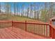 This is a red wooden deck with matching railing and a view of the partially wooded backyard at 3640 Silver Leaf Sw Ln, Marietta, GA 30008