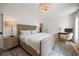 Bright bedroom with a king-size bed, a chandelier, and a stylish desk area at 11277 Serenbe Ln, Chattahoochee Hills, GA 30268