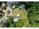 Overhead view showcases a neighborhood with a green common area, pool, and mature trees at 1005 Wellers Ct, Roswell, GA 30076