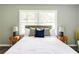 Queen bed in a bedroom with bedside tables and lamps with neutral color tones and two large windows at 2343 Dawn Dr, Decatur, GA 30032