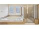 Bright bathroom with a soaking tub and a glass-enclosed shower at 230 Collins View Ct, Lawrenceville, GA 30043