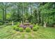 Serene backyard garden featuring a tiered fountain, statues, and lush greenery for a tranquil outdoor retreat at 733 Huntington Se Pl, Marietta, GA 30067