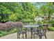 Inviting patio with decorative iron furniture surrounded by manicured garden at 733 Huntington Se Pl, Marietta, GA 30067