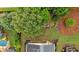Aerial view of a property featuring a lush backyard, a private pool, and a beautifully landscaped yard at 123 Patrick Way, Marietta, GA 30064
