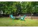 Relaxing backyard area with comfortable Adirondack chairs surrounding a fire pit, surrounded by tall trees at 380 Russell Rd, Lawrenceville, GA 30043