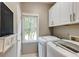 Functional laundry room with modern washer and dryer, cabinetry, and a window for natural light at 1921 Northbrooke Ln, Dunwoody, GA 30338