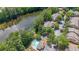 A high angle shot showcases a community pool and lake alongside condo parking at 2214 Lake Pointe Cir, Roswell, GA 30075
