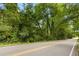 Street view highlighting a property's wooded boundary with lush trees and greenery at 12728 Bells Ferry Rd, Canton, GA 30114
