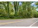Street view highlighting a property's wooded boundary with lush trees and greenery at 12728 Bells Ferry Rd, Canton, GA 30114