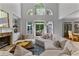 Spacious living room with fireplace, high ceilings, and access to outdoor patio at 220 Broadmoor Dr, Fayetteville, GA 30215