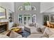 Cozy living room with stone fireplace and a view of the outdoor space through large windows at 220 Broadmoor Dr, Fayetteville, GA 30215