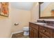 Powder room featuring a dark vanity and modern toilet at 324 Kibbee Rd, Mcdonough, GA 30252