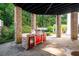Outdoor kitchen with red cabinets, stone counter, and stone column posts creating an excellent entertainment space at 4670 Hamden Forest Sw Dr, Atlanta, GA 30331