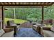 Outdoor deck with seating area overlooking a lush, green backyard surrounded by trees at 3028 Towneside Ln, Woodstock, GA 30189