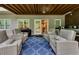 Covered outdoor patio area with comfortable seating and view of the backyard at 3028 Towneside Ln, Woodstock, GA 30189