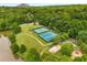 An aerial shot of the community tennis courts and sports courts surrounded by lake at 507 Cross Creek Pt, Stone Mountain, GA 30087