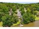 Aerial shot of wooded, waterfront property featuring a dock and lakeside access at 507 Cross Creek Pt, Stone Mountain, GA 30087