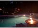 Relaxing inground pool is shown with lit fire pit, offering a tranquil retreat for outdoor enjoyment and evening gatherings at 1501 Laurelhill Drive Southwest Dr, Lawrenceville, GA 30044