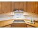 A well-equipped kitchen area featuring granite countertops, a cooktop, and wooden cabinetry at 615 Lovinggood Trl, Woodstock, GA 30189