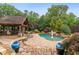 Beautiful backyard pool area with a stone patio, outdoor kitchen, and manicured landscaping for relaxation at 615 Lovinggood Trl, Woodstock, GA 30189