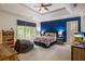 bedroom with a tray ceiling, colorful decor, a large window, and a ceiling fan at 816 Blackfoot Trl, Suwanee, GA 30024