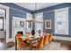 This dining room has a fireplace, modern light fixture, beautiful blue walls, and seating for six at 513 Saint Charles Ne Ave, Atlanta, GA 30308