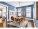 Dining room features a fireplace, modern light fixture, beautiful blue walls, and seating for eight at 513 Saint Charles Ne Ave, Atlanta, GA 30308