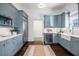 Bright kitchen featuring blue cabinets, stainless steel appliances, and farmhouse sink at 513 Saint Charles Ne Ave, Atlanta, GA 30308