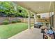 Covered patio and fenced backyard with green grass and retaining wall at 12 Pine St, Roswell, GA 30075