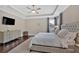 Main bedroom with tray ceilings, dark hardwood floors, and ensuite bathroom at 12 Pine St, Roswell, GA 30075