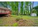 Well-maintained backyard with mature trees, a small shed, and an area for outdoor seating, offering a peaceful retreat at 3047 Hudson Ct, Decatur, GA 30033