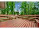 Spacious wooden deck with built-in benches surrounded by lush greenery, perfect for outdoor relaxation and entertaining at 3047 Hudson Ct, Decatur, GA 30033