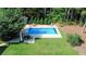 Aerial view of a backyard oasis featuring a stunning pool, lounge area, and lush greenery at 3140 Thoreau Ct, Loganville, GA 30052