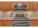 Close-up of modern stainless steel range with stylish backsplash and wooden cabinets at 3140 Thoreau Ct, Loganville, GA 30052