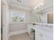 Bright bathroom featuring a makeup vanity and storage with large mirror and natural light at 3834 Chamblee Dunwoody Rd, Atlanta, GA 30341
