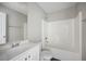 Bathroom featuring a white vanity, shower-tub combo, and neutral wall color at 3915 Cypress Pointe Dr, Union City, GA 30291