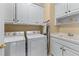 Efficient laundry room with a white washer, dryer, sink and storage at 2117 Stephens Walk, Dunwoody, GA 30338