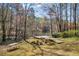 The lush backyard leads to a lake with a picnic area and a wooden dock at 10845 Shallowford Rd, Roswell, GA 30075