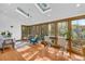 Bright sunroom with skylights, walls of windows, hardwood flooring, and comfortable furniture at 10845 Shallowford Rd, Roswell, GA 30075