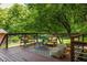 Charming wooden deck furnished with benches, poufs, and a table overlooking a lush green yard at 2041 Trailwood Rd, Decatur, GA 30032