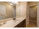 A well-lit bathroom with a large mirror, spacious countertop, and modern fixtures at 12275 Styron Dr, Hampton, GA 30228