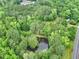 Aerial view of a lush property, with a tranquil pond and surrounding dense trees at 4060 Highway 81, Hampton, GA 30228