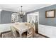 Elegant dining room featuring gray walls, white wainscoting, a decorative chandelier, and hardwood floors at 1112 Sutton Dr, Mcdonough, GA 30252