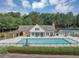 A pristine community pool with lounge chairs, tables, and a charming clubhouse surrounded by lush greenery at 1245 Smokehouse Trl, Cumming, GA 30041