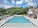 Inviting community pool featuring lounge chairs and tables for relaxing with a view of the surrounding trees at 1245 Smokehouse Trl, Cumming, GA 30041