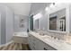 Bright bathroom with double vanity, white cabinets, tub, and updated fixtures at 1340 Gran Forest Dr, Cumming, GA 30041