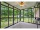 This is a screened patio with a ceiling fan and a view of the backyard and trees at 1960 Oak Leaf Sw Ct, Marietta, GA 30008