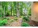 Secluded backyard featuring a stone pathway and lush, mature landscaping at 120 Bent Creek Dr, Woodstock, GA 30189