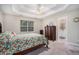 Bright main bedroom with tray ceiling, ceiling fan, large window, and en-suite bathroom at 1907 S Van Wert Rd, Villa Rica, GA 30180